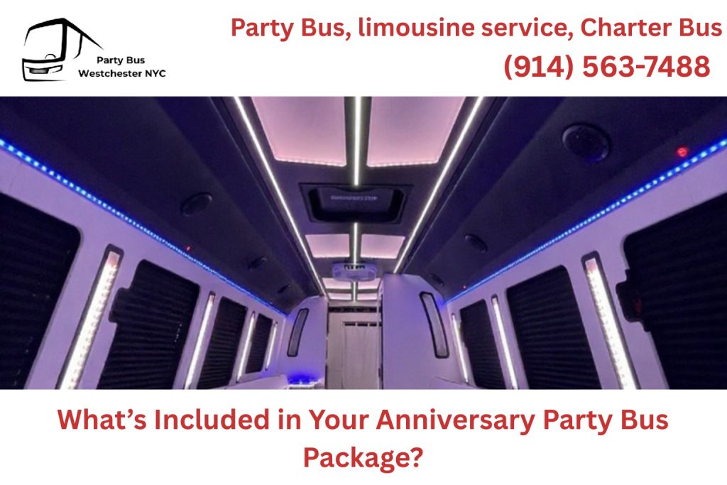 Interior of anniversary party bus with LED lights and romantic decorations