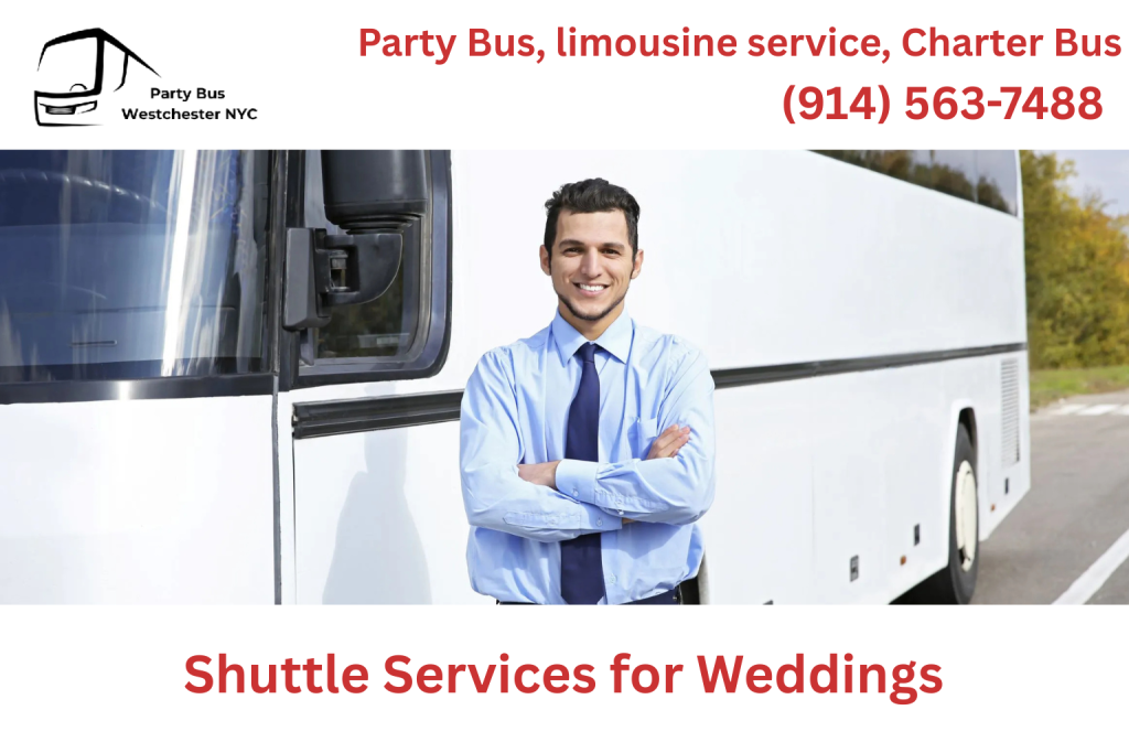 Wedding shuttle bus driving through Long Island scenery
