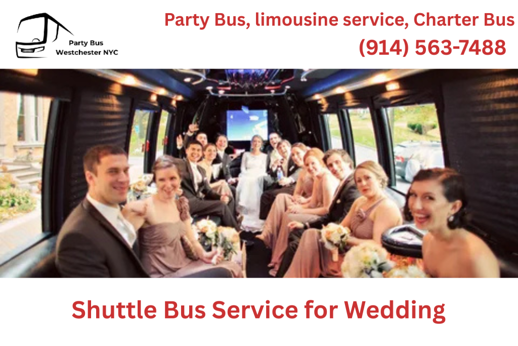 Decorated wedding shuttle bus with flowers and ribbons