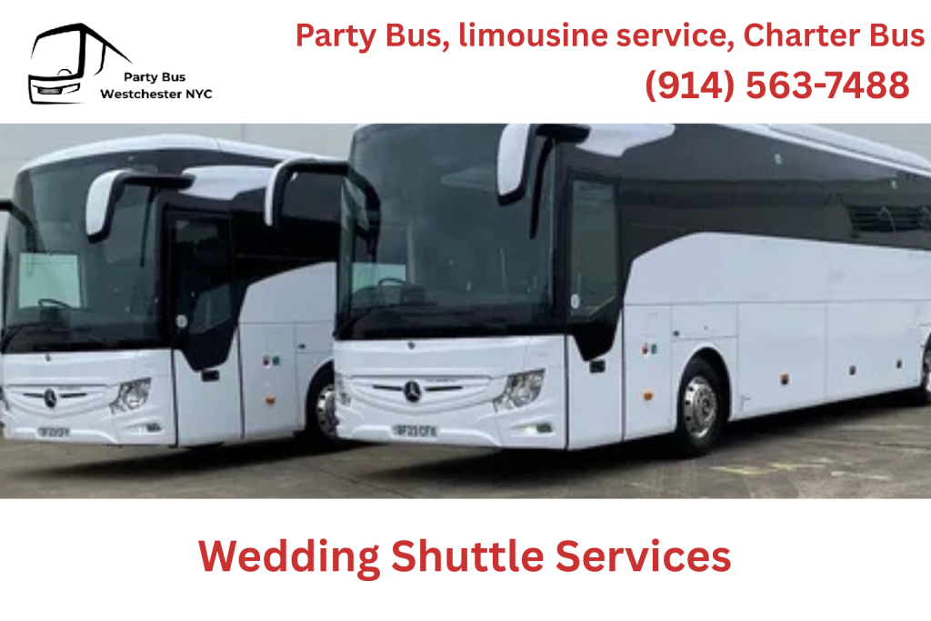 Shuttle bus lit up at night outside a reception venue