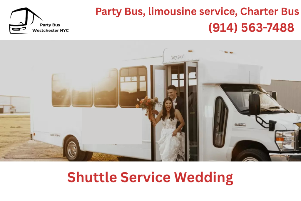 Wedding guests boarding a shuttle bus