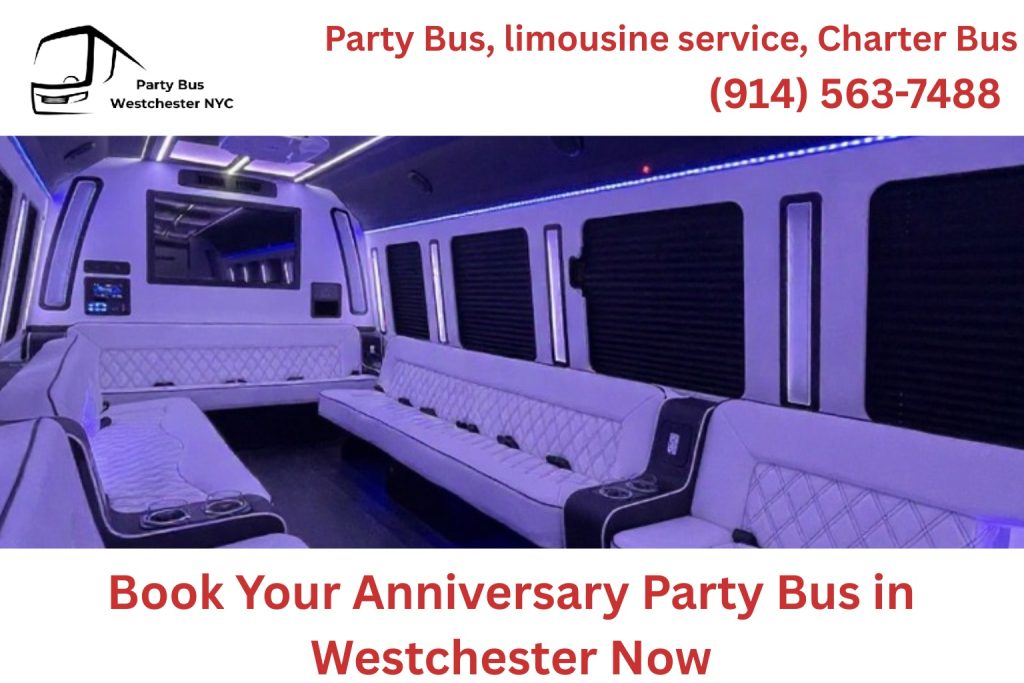 Interior of anniversary party bus with LED lights and romantic decorations