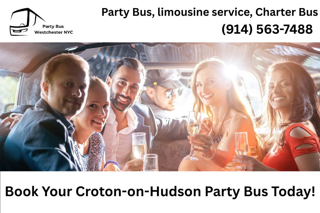 Group celebrating inside a Croton-on-Hudson NY party bus with LED lights and music