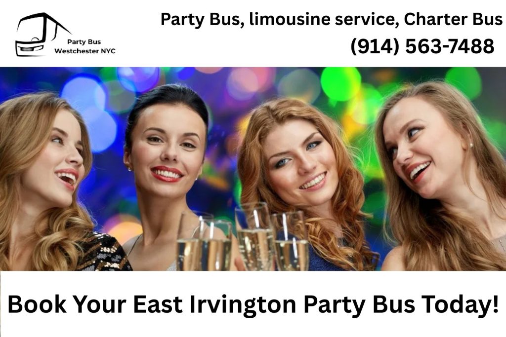 Friends celebrating inside an East Irvington NY party bus at night