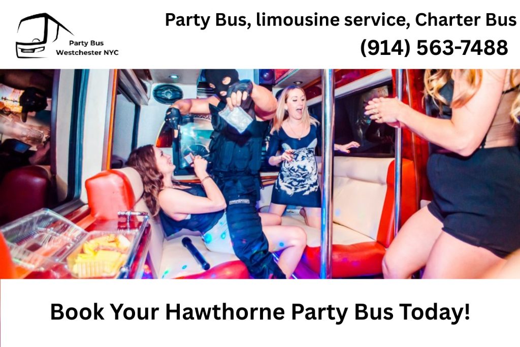 Group celebrating inside a Hawthorne NY party bus with LED lights and music