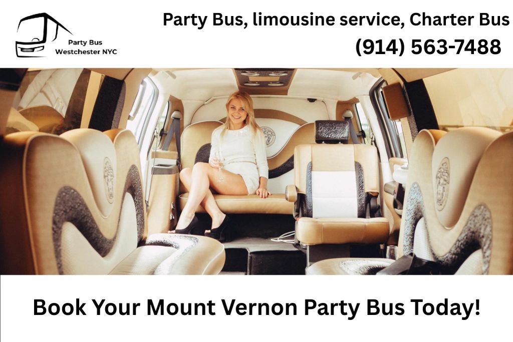 Group celebrating inside a Mount Vernon NY party bus with music and LED lights