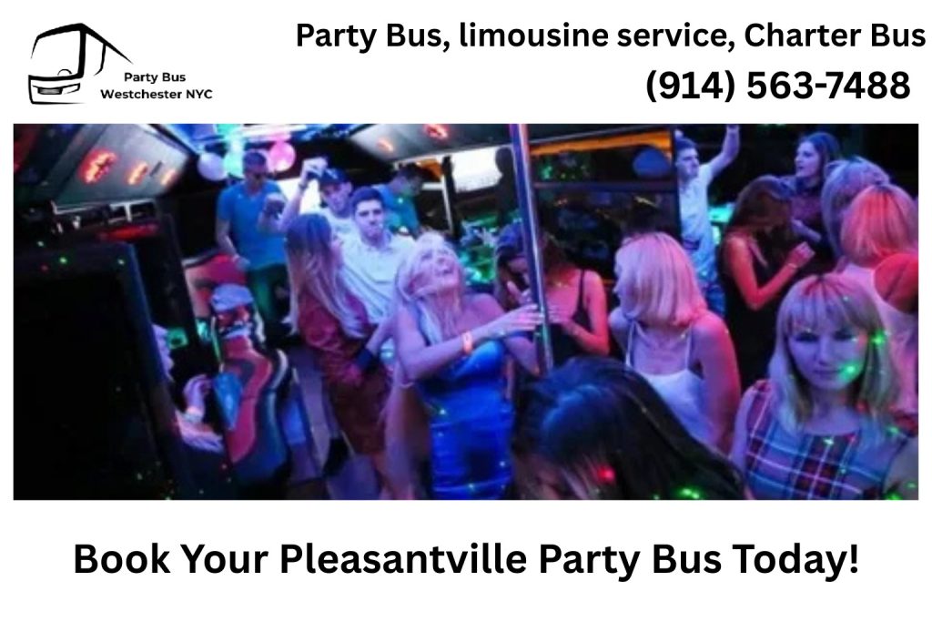 Group celebrating inside a Pleasantville NY party bus with lights and music