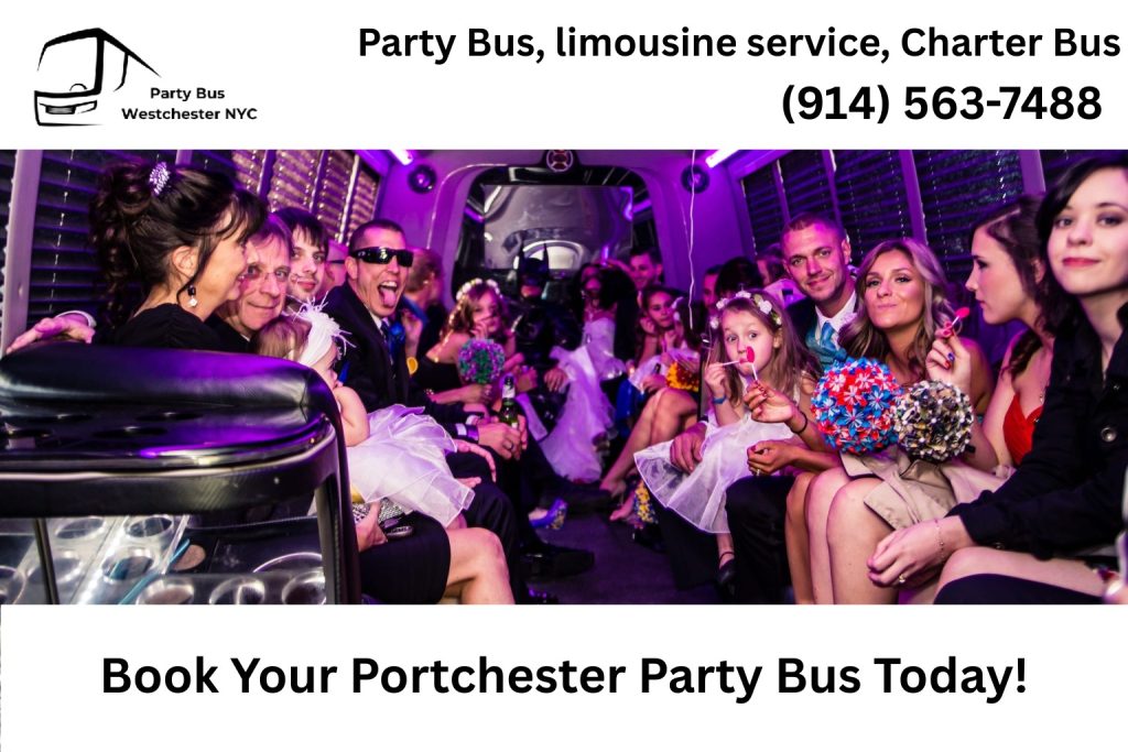 Group celebrating inside a Port Chester NY party bus with music and LED lighting