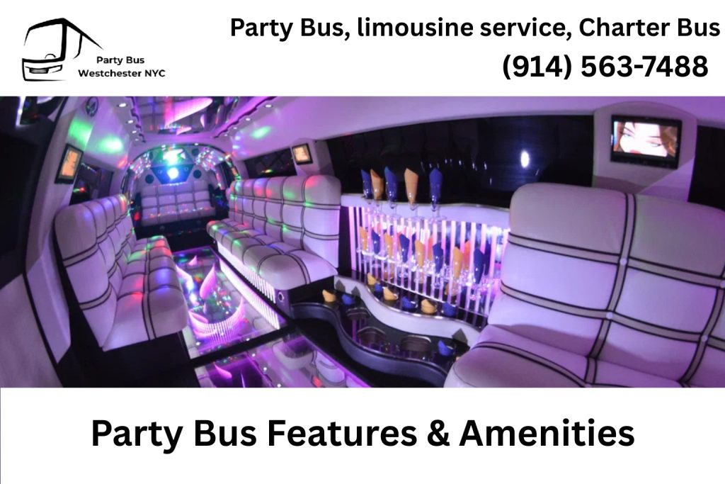Interior of a Chappaqua NY party bus with LED lights, plush seating, and sound system