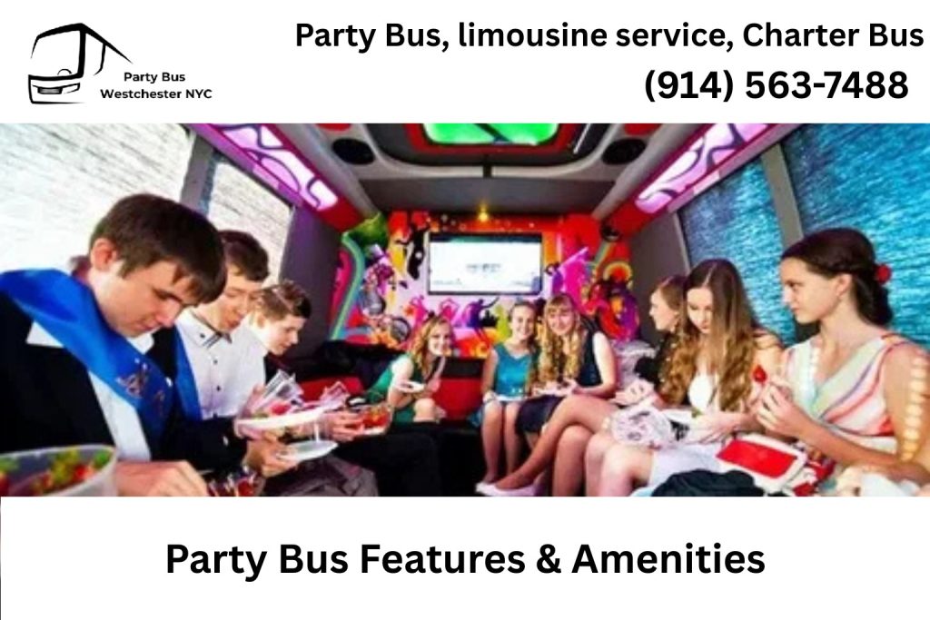 Interior of an East Irvington NY party bus with LED lighting and bar setup