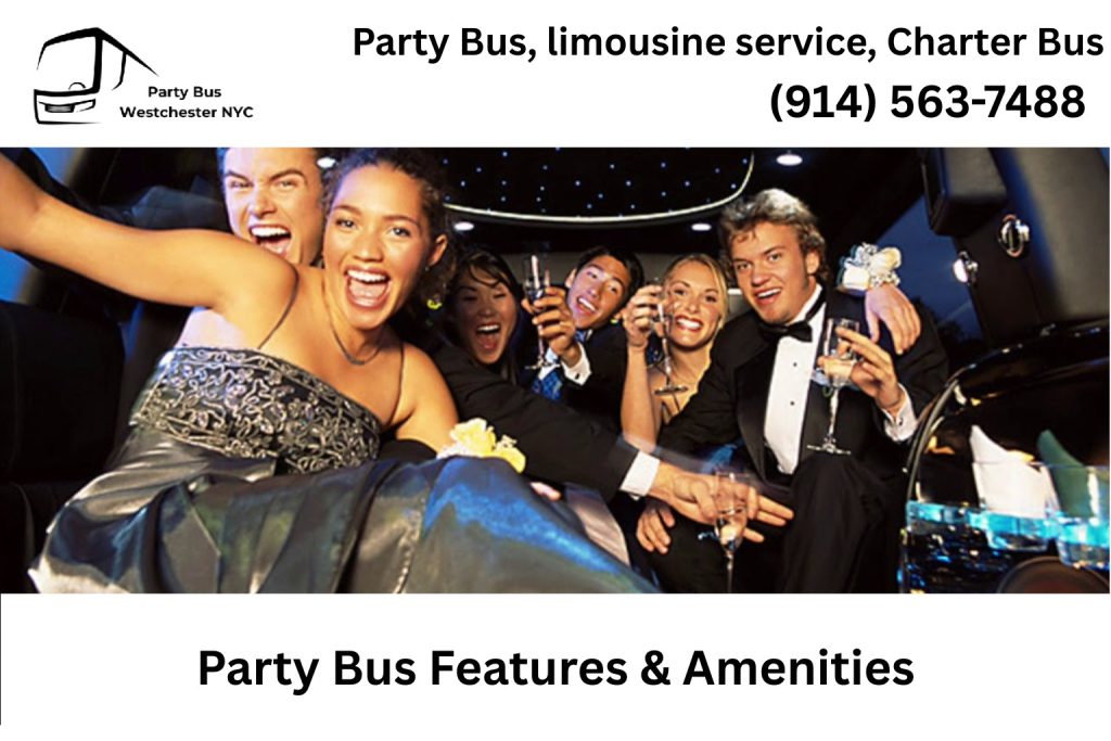 Interior of an Elmsford NY party bus with LED lights, surround sound, and bar