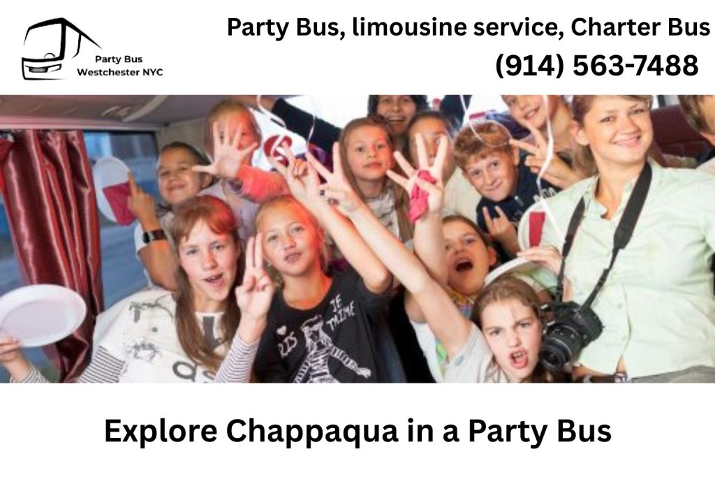 Party bus driving through Chappaqua NY near local landmarks and restaurants
