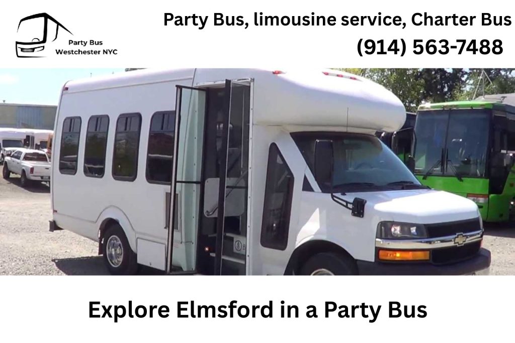 Party bus driving through downtown Elmsford NY near restaurants and nightlife