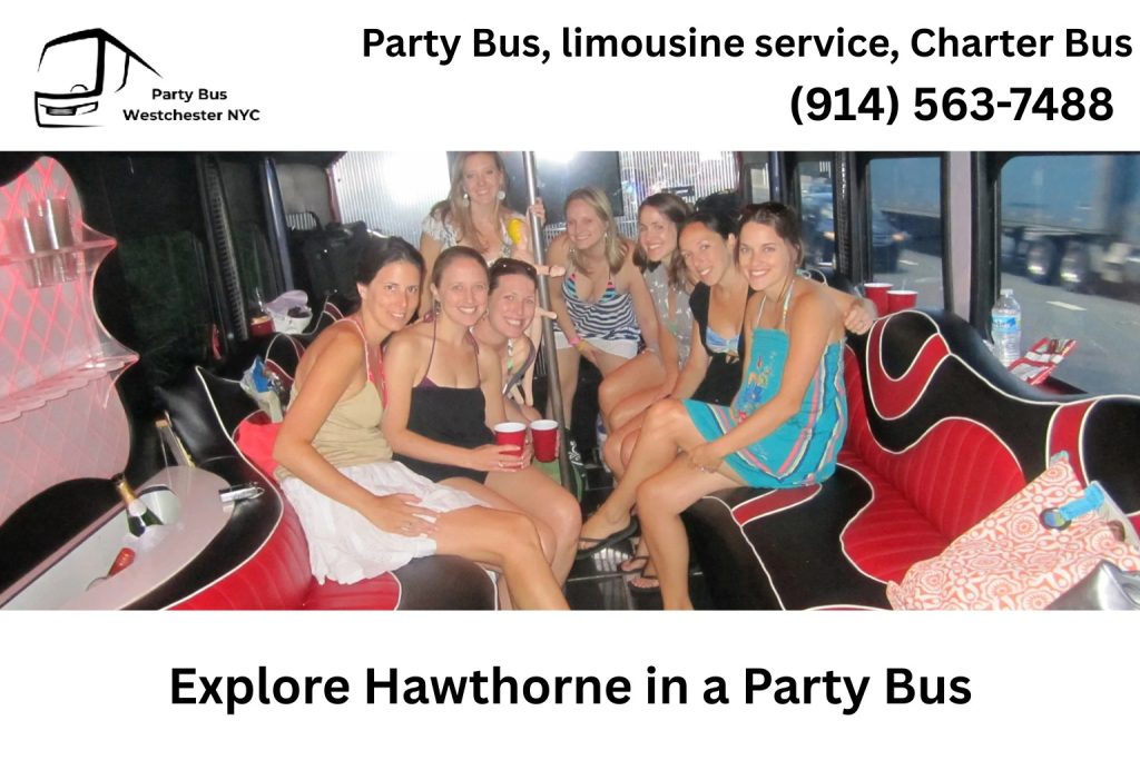Party bus driving through Hawthorne NY near restaurants and scenic streets