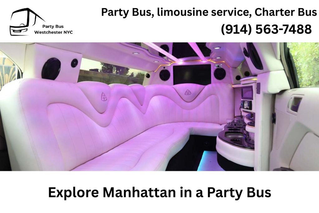 Party bus driving through Times Square Manhattan NY at night