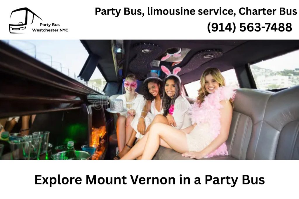 Party bus driving through Mount Vernon NY near restaurants and nightlife spots