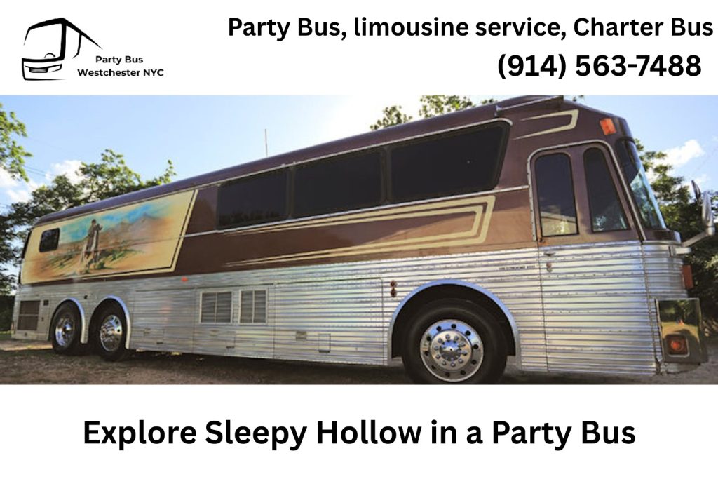 Party bus driving through downtown Sleepy Hollow NY near Hudson River nightlife