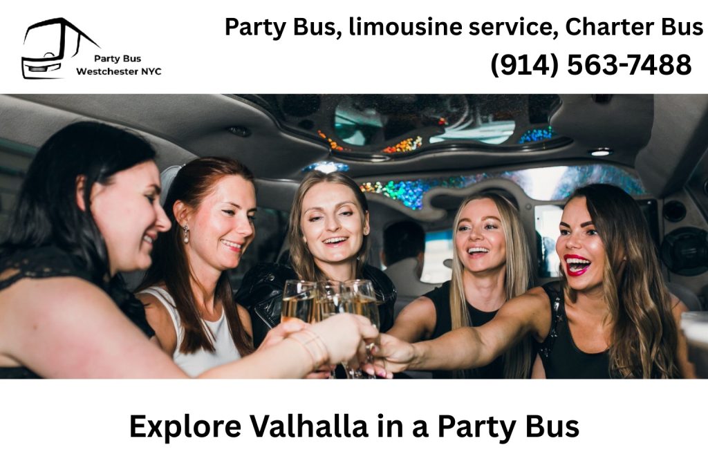 Party bus driving through Valhalla NY near Kensico Dam and Hudson Valley area