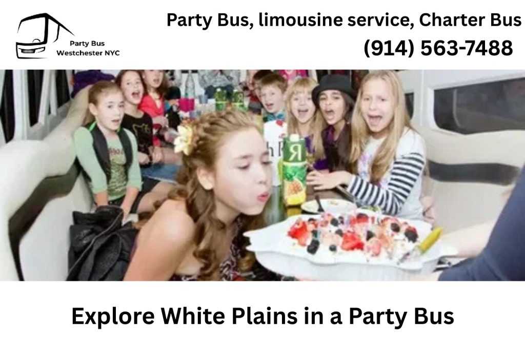 Luxury party bus driving through downtown White Plains NY nightlife