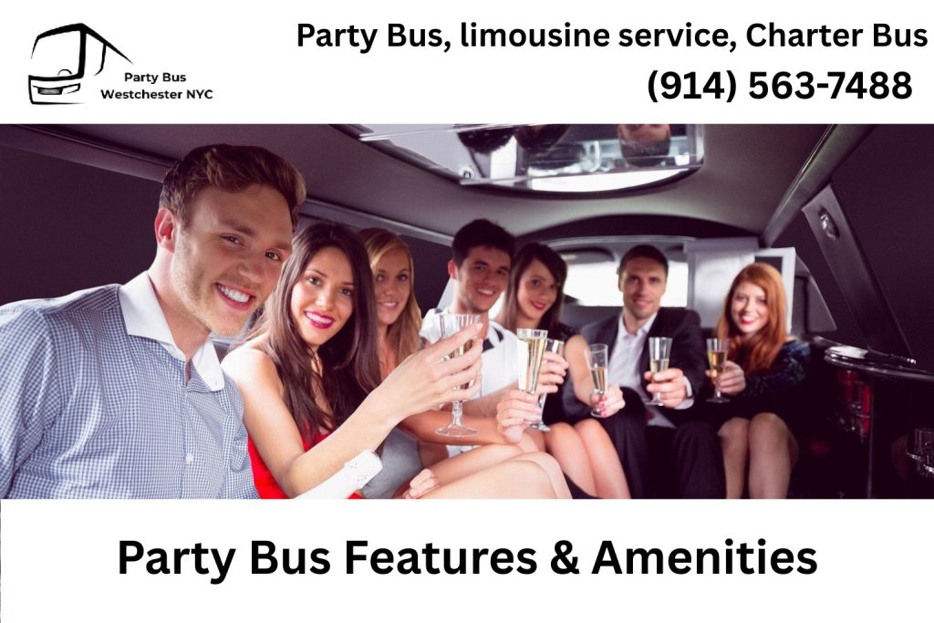 Interior of a Manhattan NY party bus with LED lighting, surround sound, and leather seats