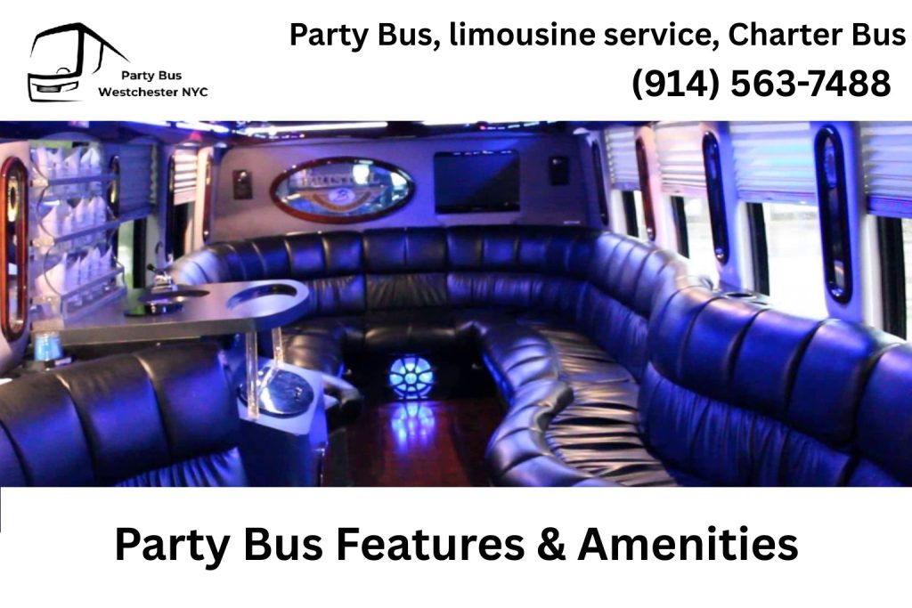 Interior of a Mount Vernon NY party bus with LED lights, leather seating, and bar area