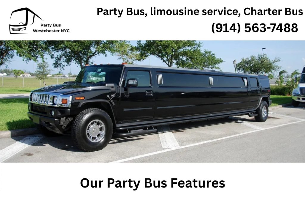 Interior of Tarrytown party bus with dance pole, LED lights, and surround sound
