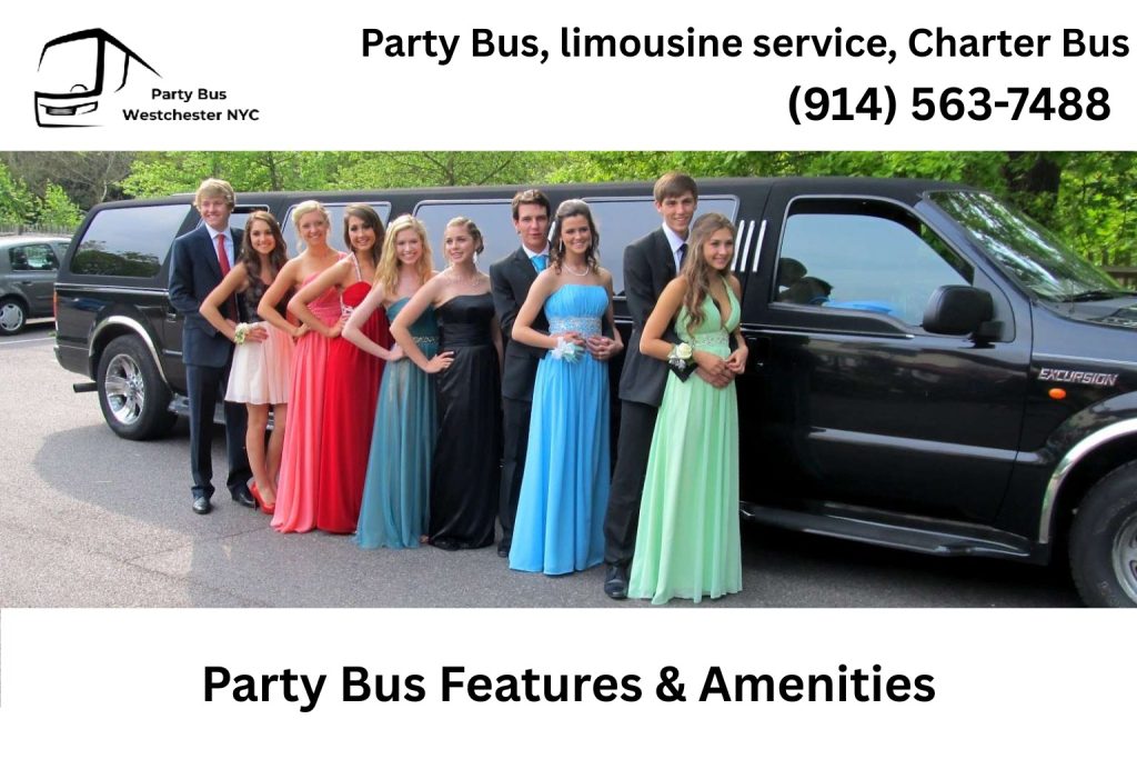 Interior of a Sleepy Hollow NY party bus with LED lights, sound system, and bar