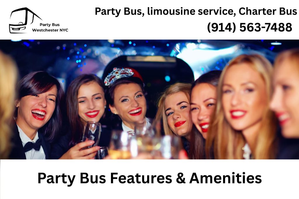 Interior of a Croton-on-Hudson NY party bus with LED lighting, bar, and sound system