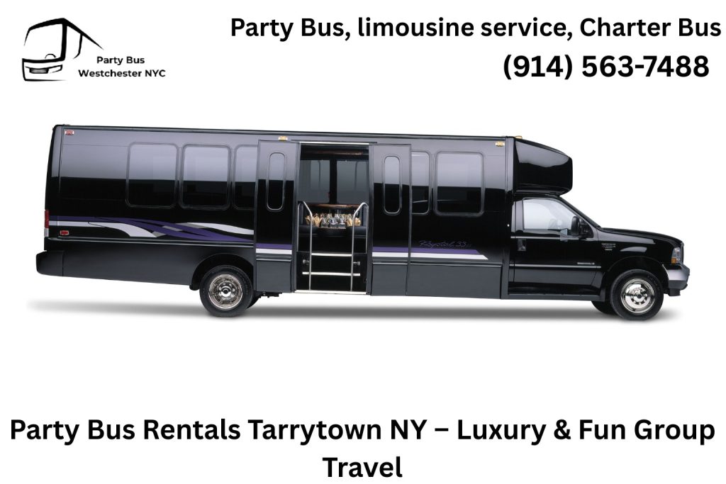 Luxury party bus rental in Tarrytown NY with LED lights and leather seating