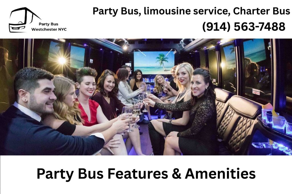 Interior of a Pleasantville NY party bus with LED lighting, sound system, and bar setup