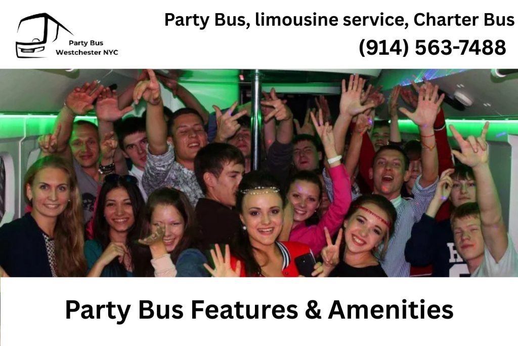 Interior of a Port Chester NY party bus with LED lights, sound system, and leather seating