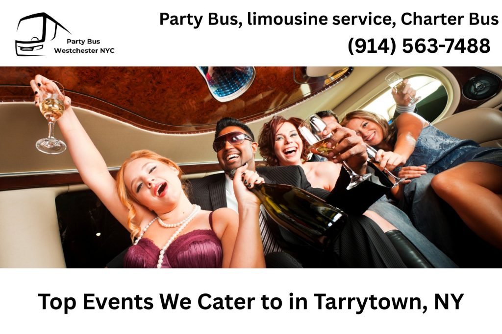 Wedding party stepping out of a decorated party bus in Tarrytown NY