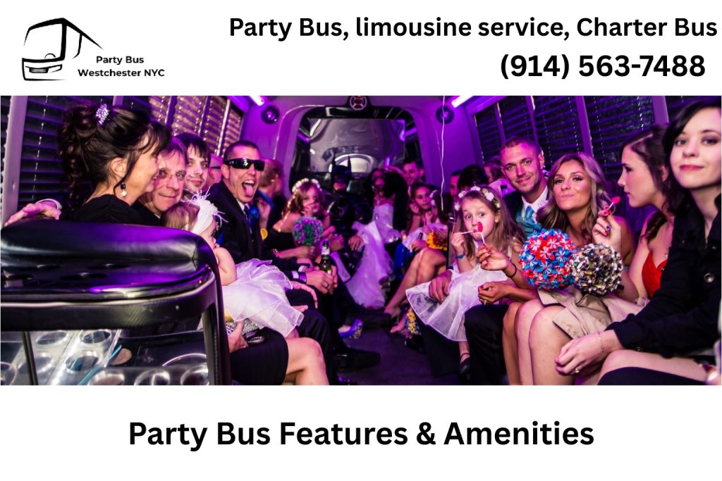 Interior of a Valhalla NY party bus with LED lighting, leather seats, and bar