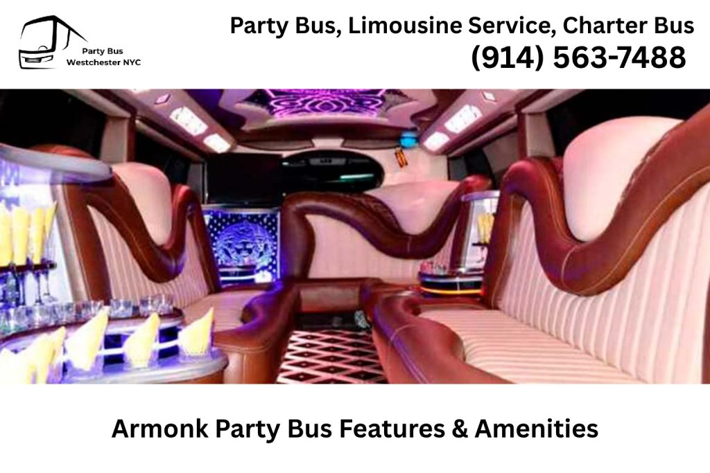 Interior of an Armonk NY party bus with LED lighting, sound system, and plush seating