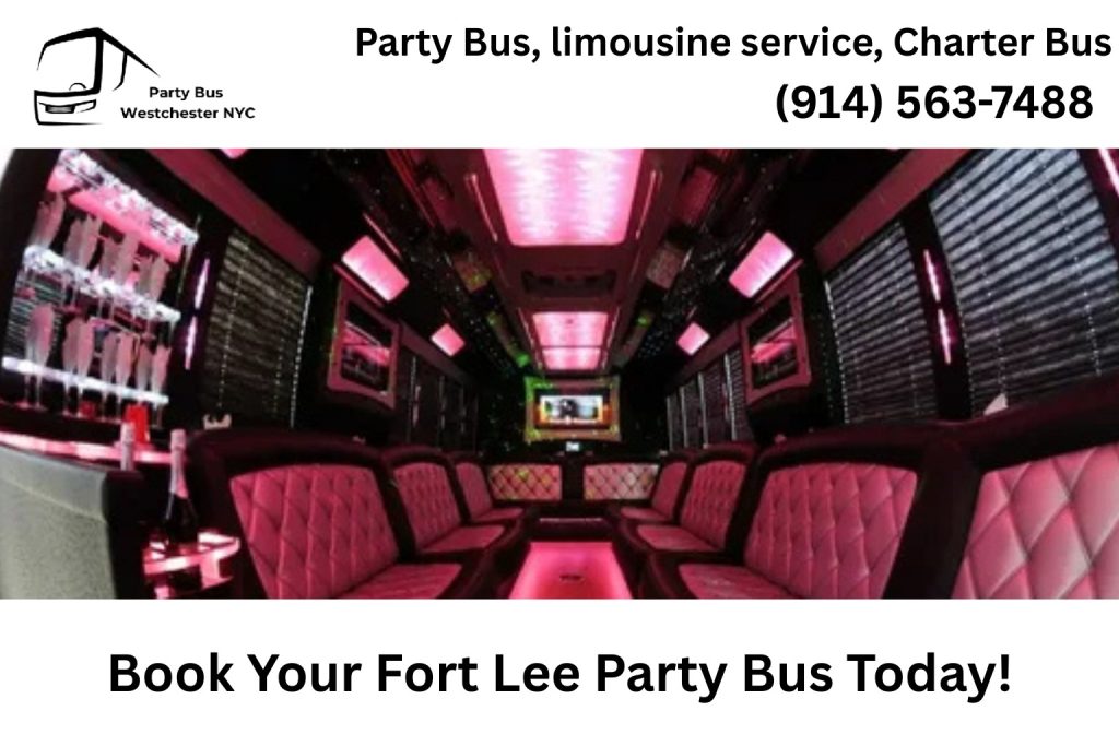 Group celebrating inside a Fort Lee NJ party bus with music and LED lights