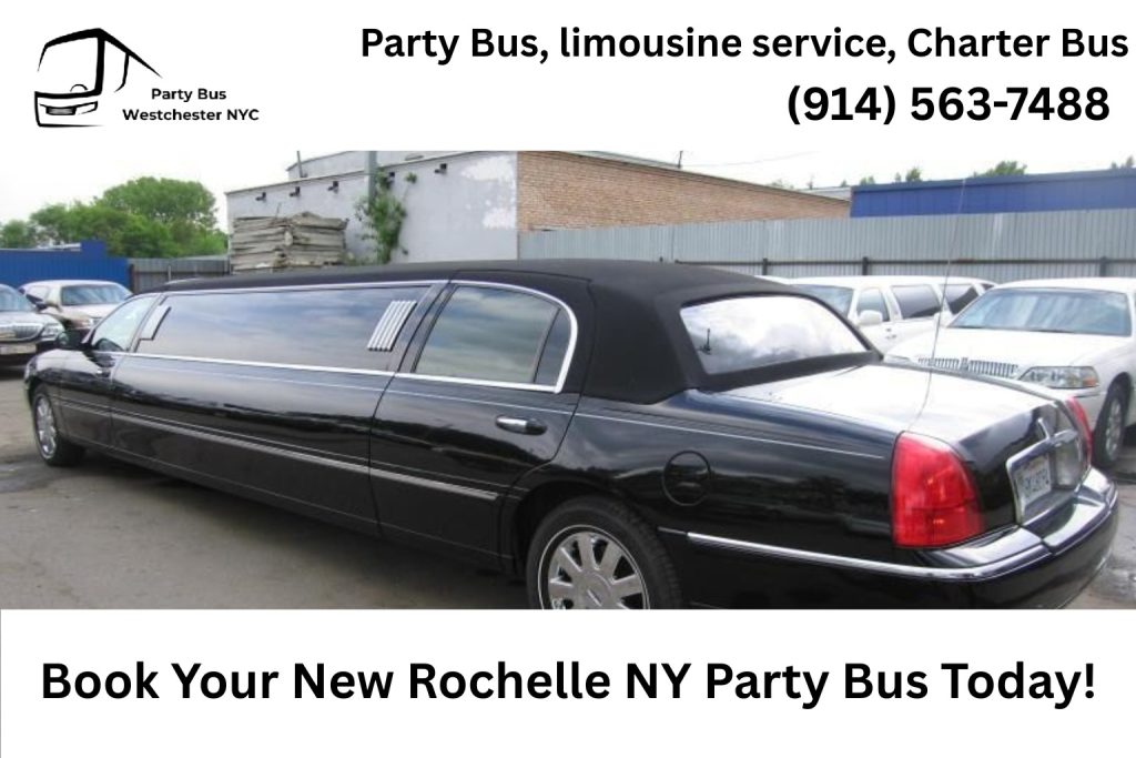 Group celebrating inside a New Rochelle NY party bus with LED lighting and music