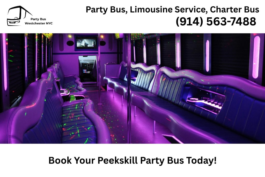 Group celebrating inside a Peekskill NY party bus with LED lights and music
