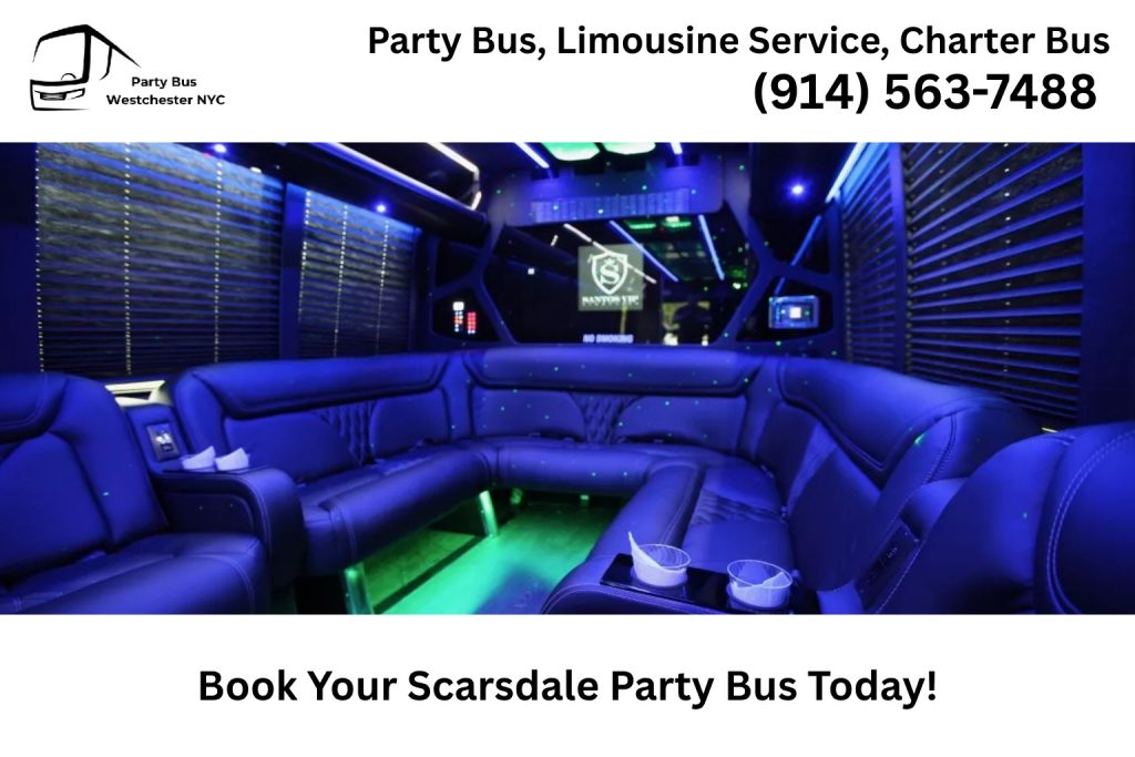 Group celebrating inside a Scarsdale NY party bus with music and LED lights