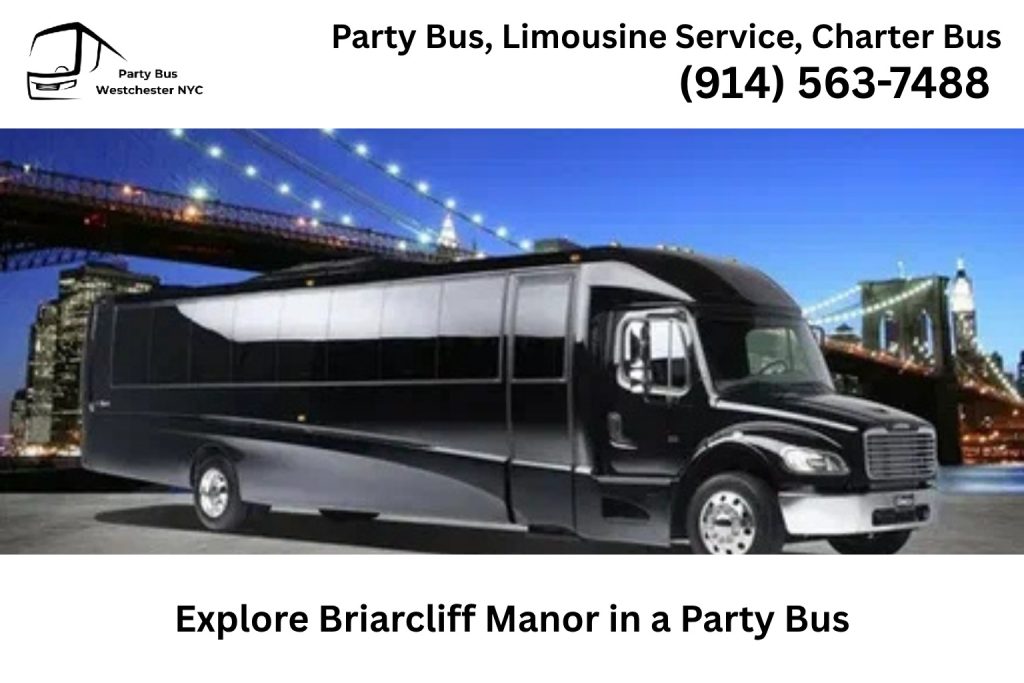 Party bus driving through Briarcliff Manor NY near local landmarks and scenic roads