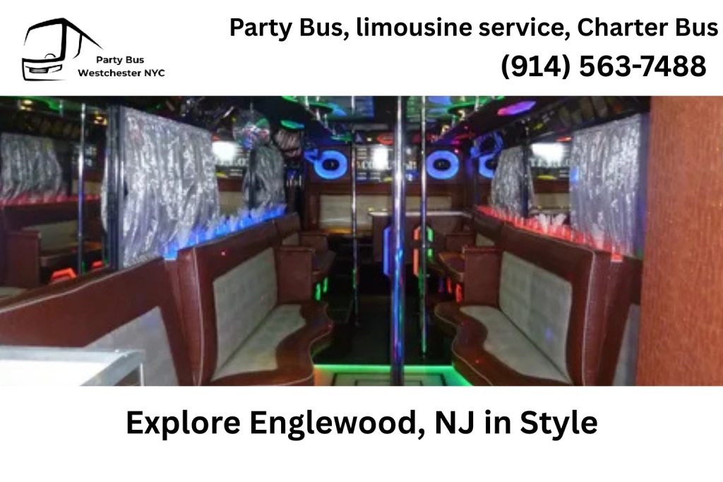 Party bus driving through Englewood NJ near Palisades Avenue and downtown district