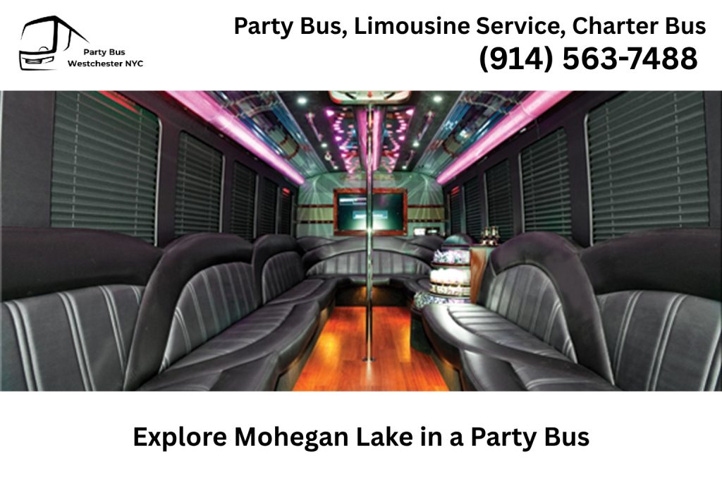 Party bus driving through Mohegan Lake NY near local attractions and scenic views