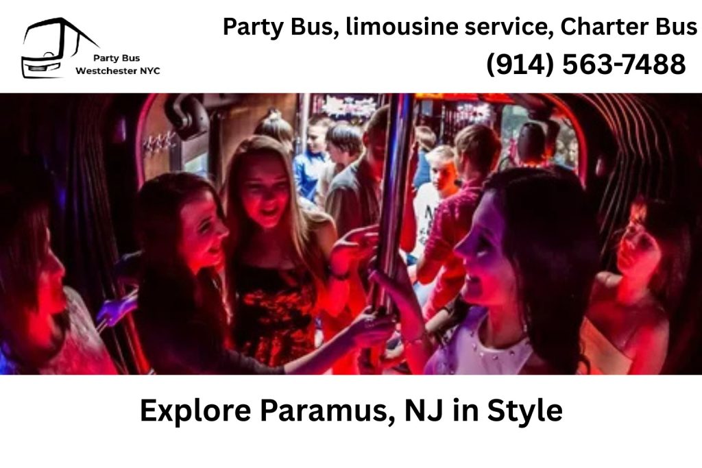 Party bus driving through Paramus NJ near Garden State Plaza and Route 17