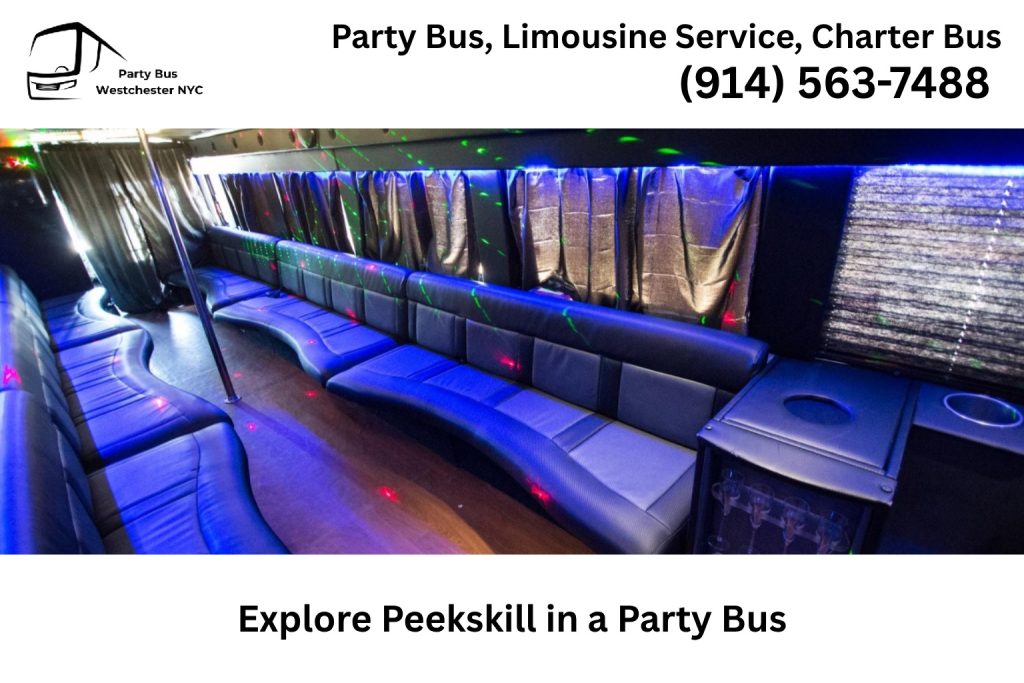 Party bus driving through downtown Peekskill NY near restaurants and waterfront