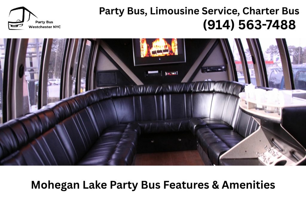 Interior of a Mohegan Lake NY party bus with LED lights, premium sound system, and bar area