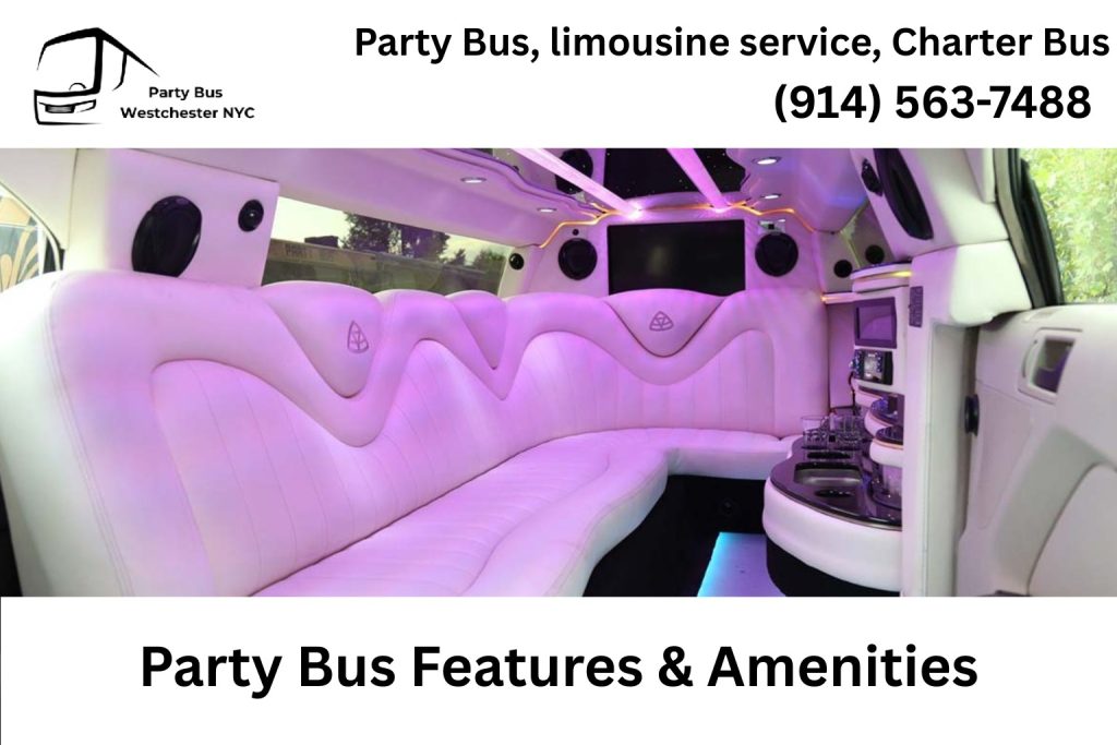 Interior of a New Rochelle NY party bus with LED lights, bar area, and premium sound system