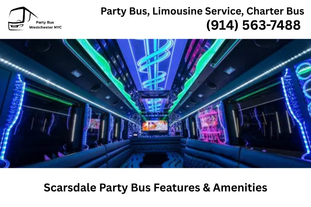 Inside view of a Scarsdale NY party bus with LED lighting and plush seating