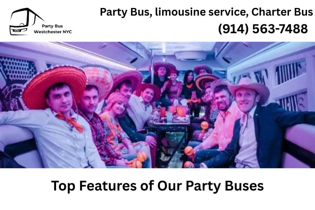 Interior of a Bergenfield NJ party bus with LED lighting and upscale leather seating