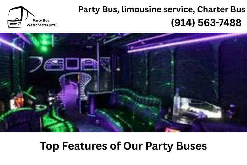 Interior of a Paramus NJ party bus with LED lighting and leather seating