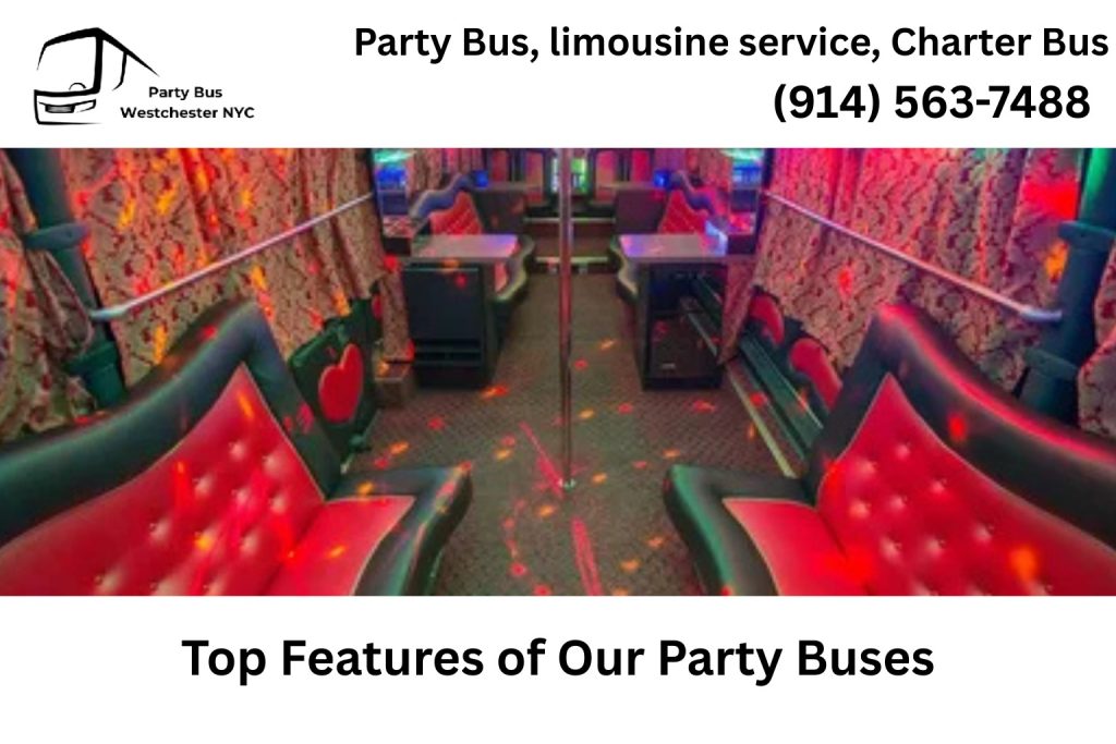 Interior of a Teaneck NJ party bus with LED lights and plush seating