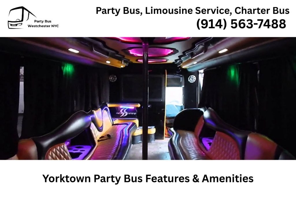 Interior of a Yorktown NY party bus with LED lighting, leather seats, and bar area